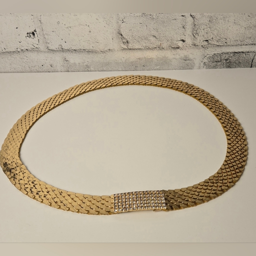 80s Vintage Gold Metal Mesh Belt w/ Rhinestone Buckle Disco Glam - Picture 1 of 12